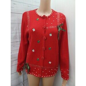 Ugly CHRISTMAS Sweater Designer Originals Beaded Presents Red Faux Pearls M